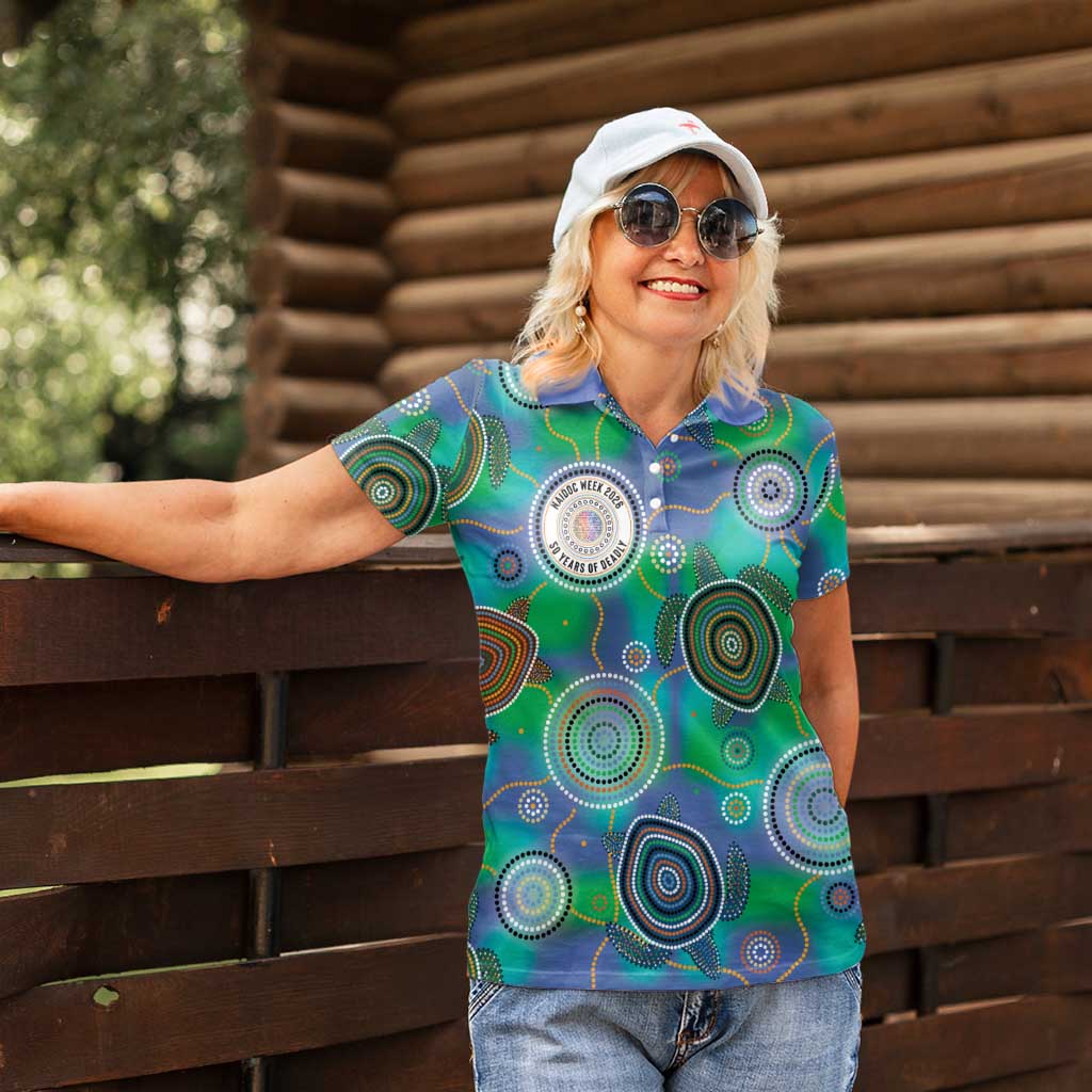 NAIDOC 50 Years of Deadly Women Polo Shirt Sea Turtle Aboriginal Dot Art