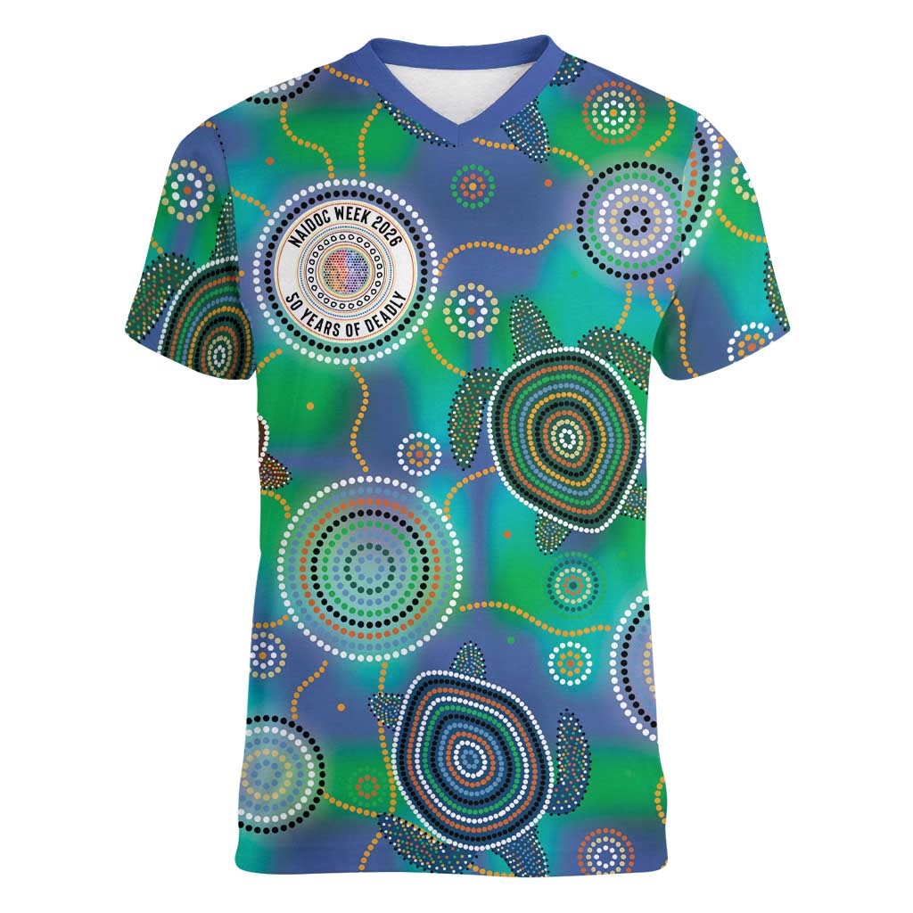 NAIDOC 50 Years of Deadly Women V-Neck T-Shirt Sea Turtle Aboriginal Dot Art