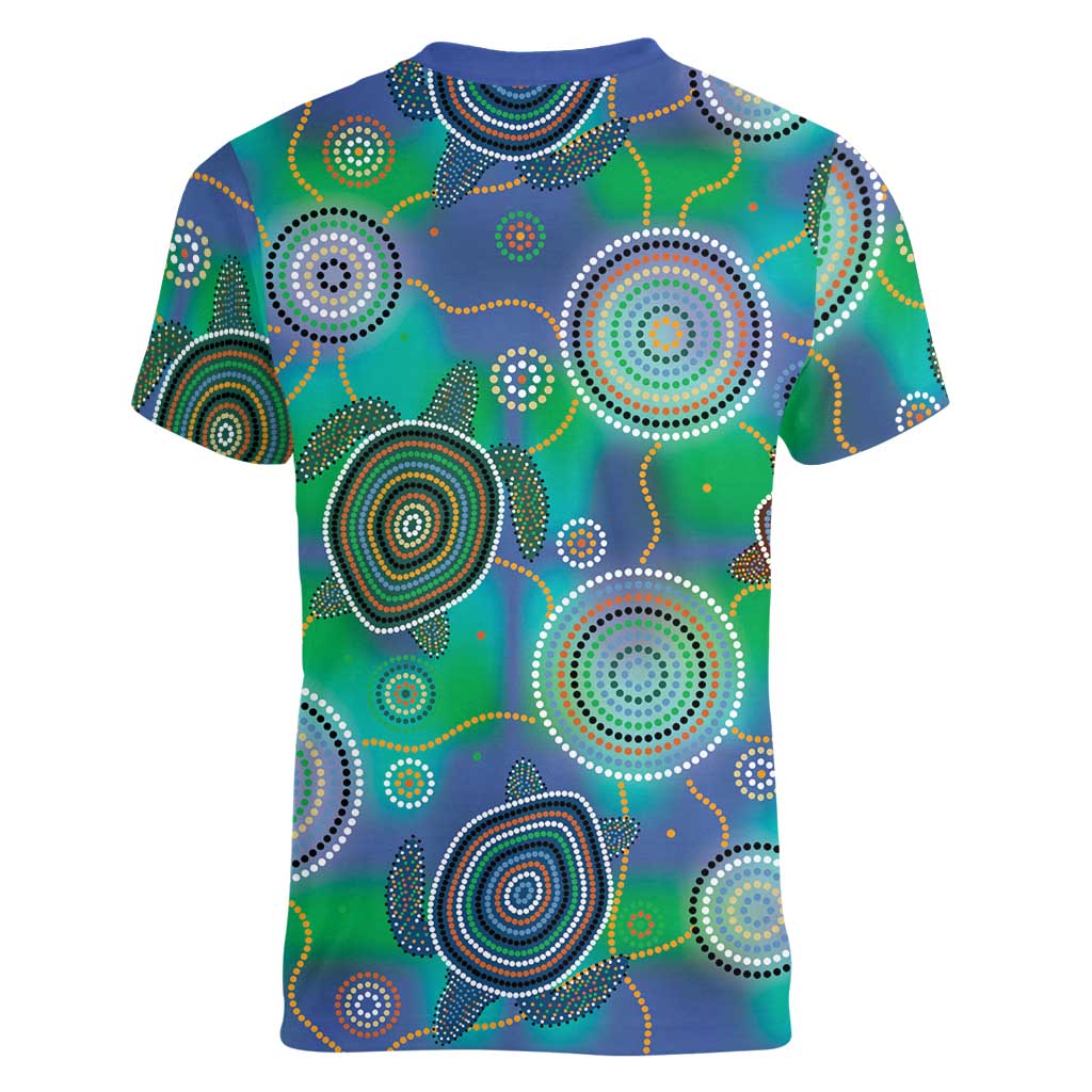 NAIDOC 50 Years of Deadly Women V-Neck T-Shirt Sea Turtle Aboriginal Dot Art