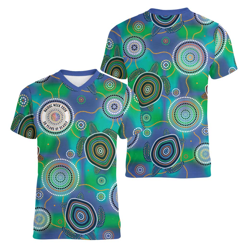 NAIDOC 50 Years of Deadly Women V-Neck T-Shirt Sea Turtle Aboriginal Dot Art