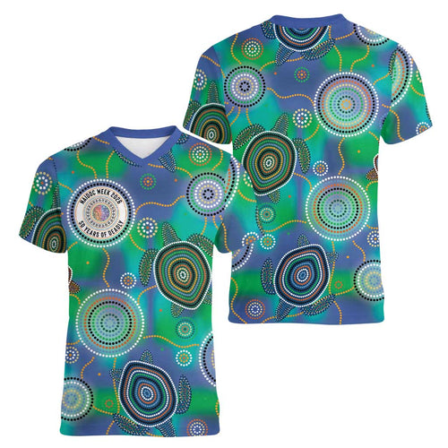 NAIDOC 50 Years of Deadly Women V-Neck T-Shirt Sea Turtle Aboriginal Dot Art