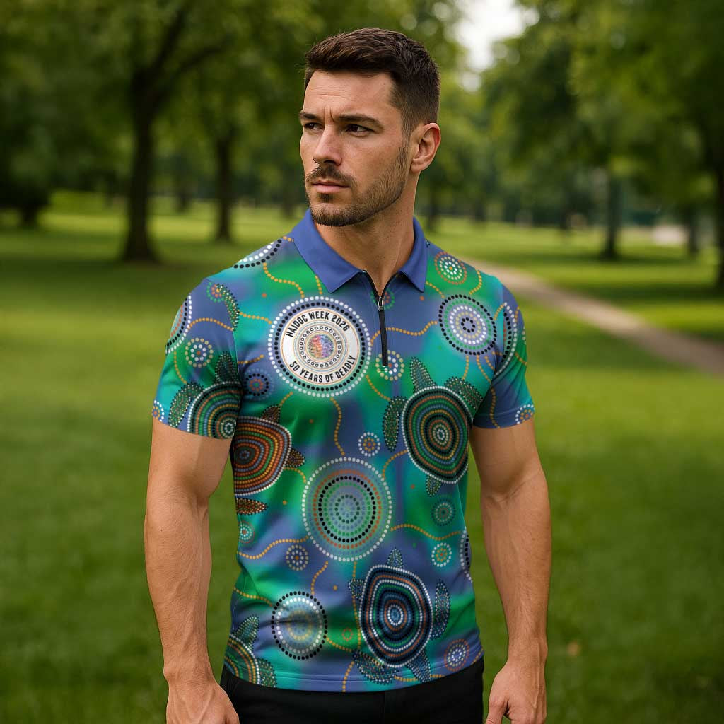 NAIDOC 50 Years of Deadly Zipper Polo Shirt Sea Turtle Aboriginal Dot Art