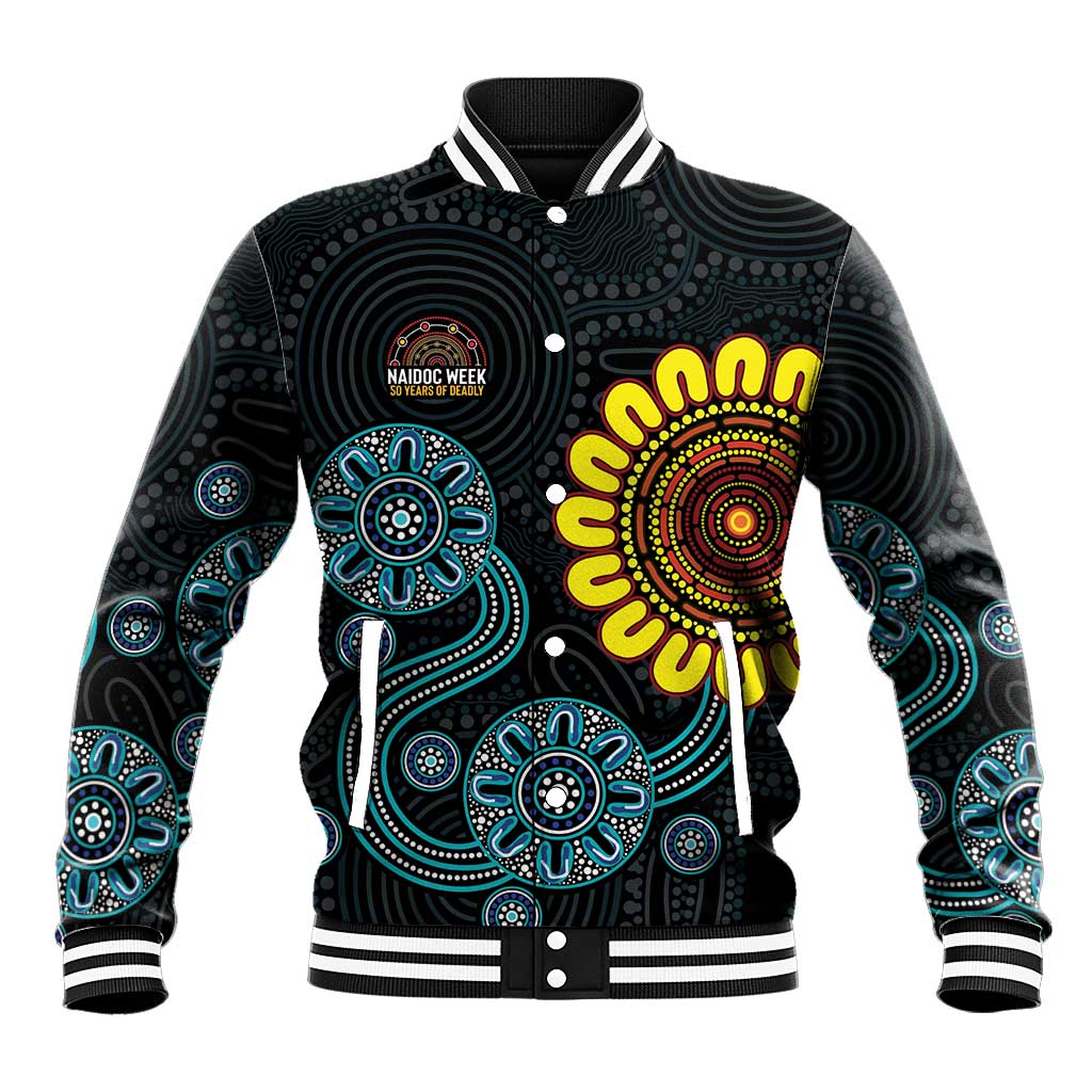 NAIDOC 50 Years of Deadly Baseball Jacket Sun Aboriginal Dot Art