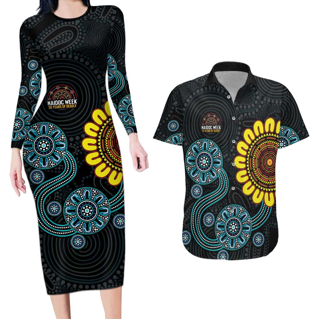 NAIDOC 50 Years of Deadly Couples Matching Long Sleeve Bodycon Dress and Hawaiian Shirt Sun Aboriginal Dot Art