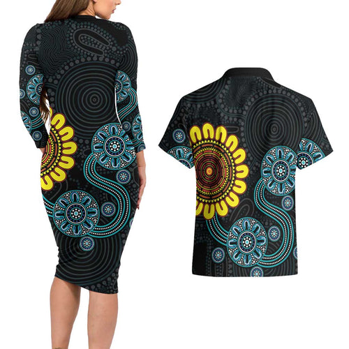 NAIDOC 50 Years of Deadly Couples Matching Long Sleeve Bodycon Dress and Hawaiian Shirt Sun Aboriginal Dot Art