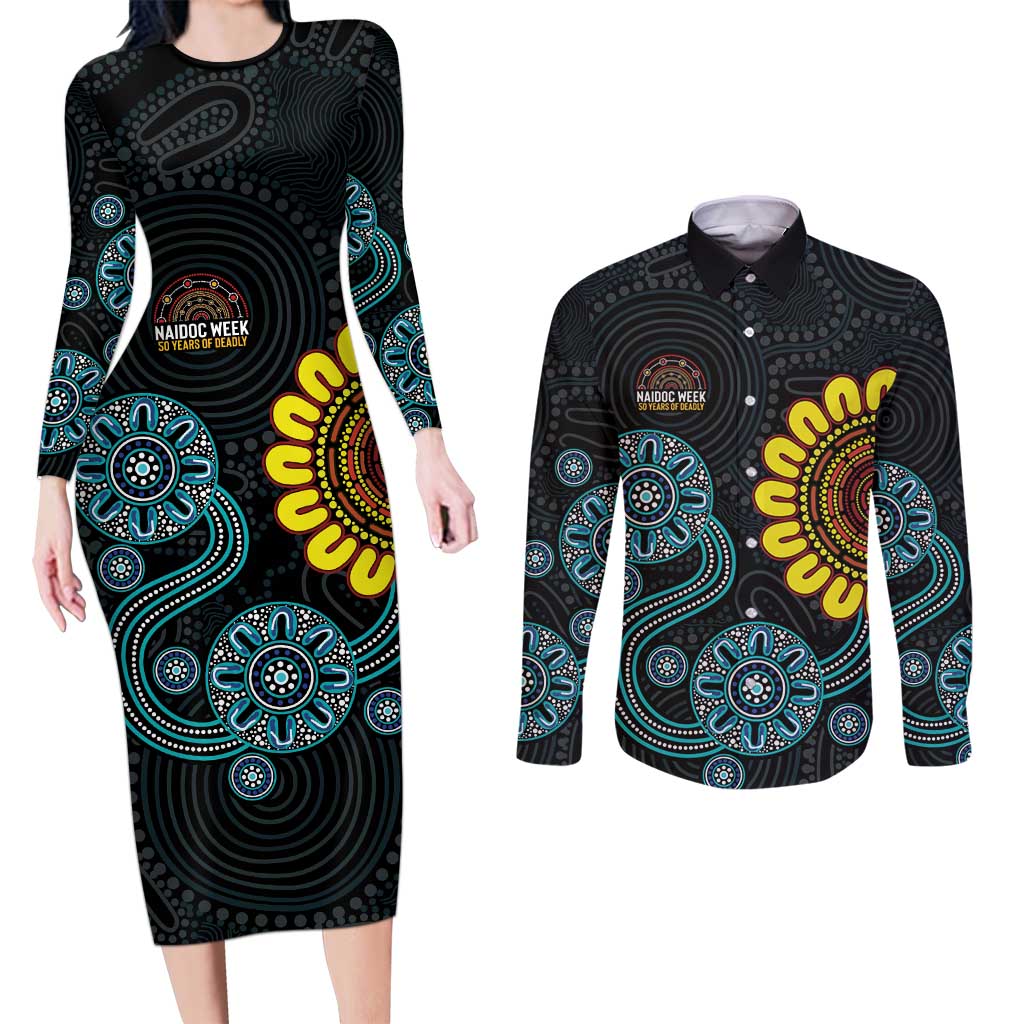 NAIDOC 50 Years of Deadly Couples Matching Long Sleeve Bodycon Dress and Long Sleeve Button Shirt Sun Aboriginal Dot Art
