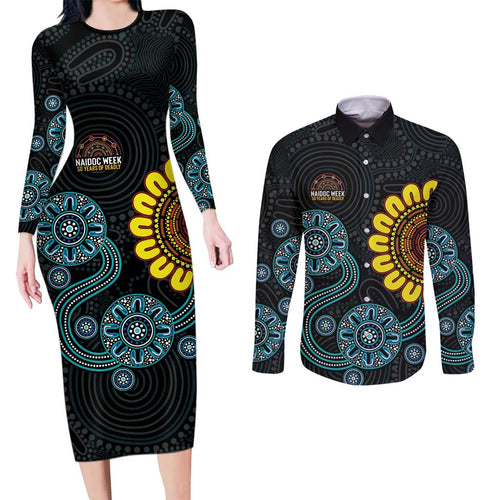 NAIDOC 50 Years of Deadly Couples Matching Long Sleeve Bodycon Dress and Long Sleeve Button Shirt Sun Aboriginal Dot Art