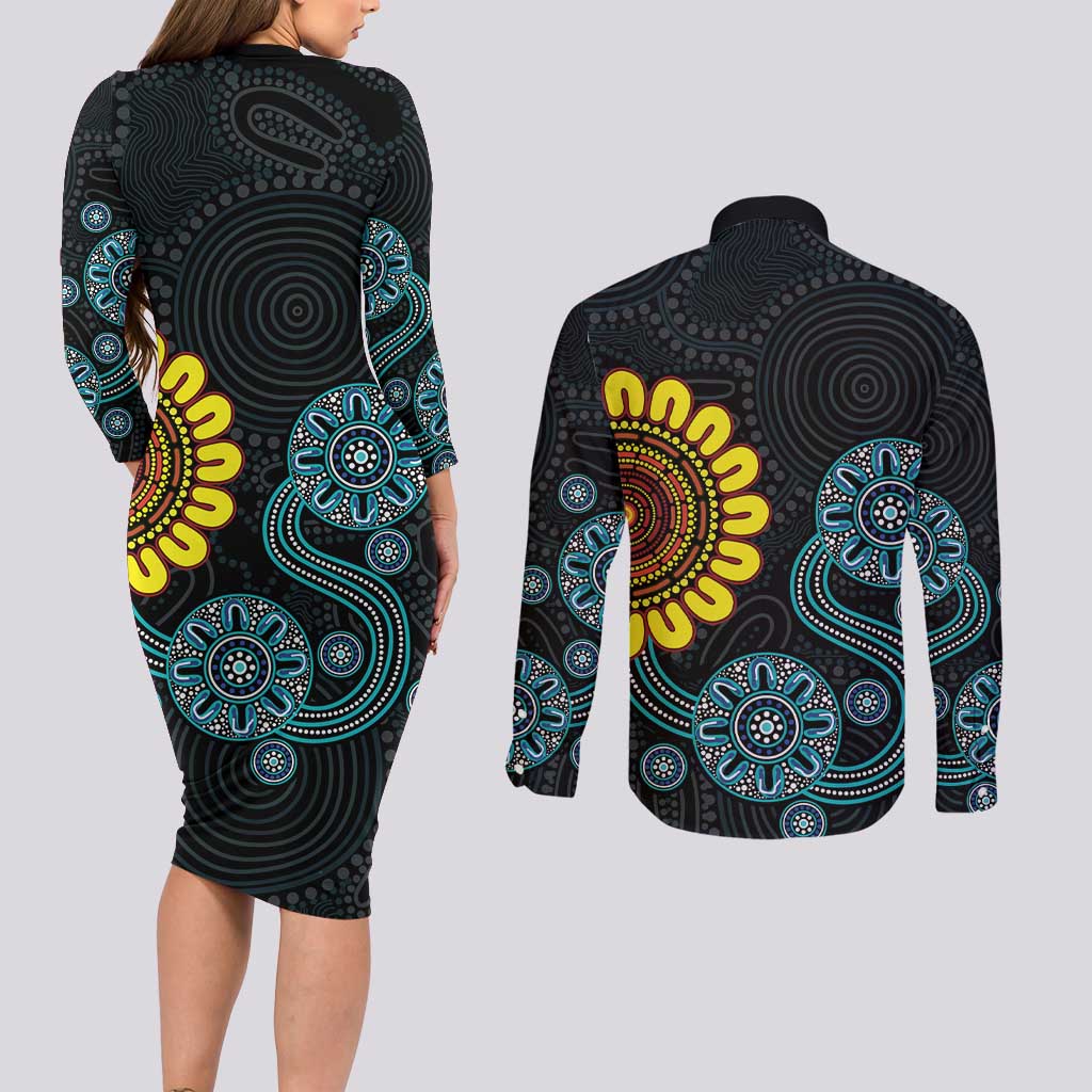 NAIDOC 50 Years of Deadly Couples Matching Long Sleeve Bodycon Dress and Long Sleeve Button Shirt Sun Aboriginal Dot Art