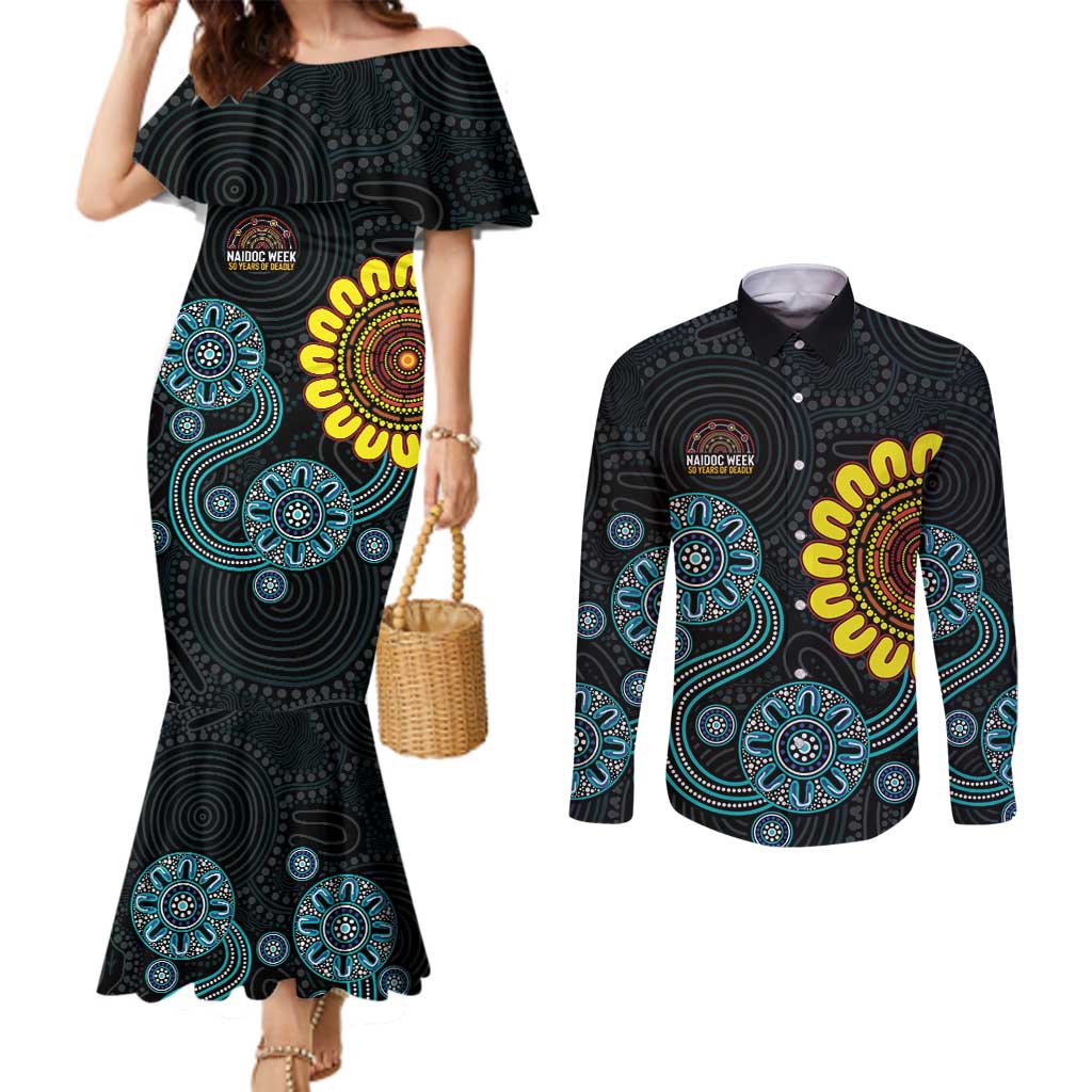 NAIDOC 50 Years of Deadly Couples Matching Mermaid Dress and Long Sleeve Button Shirt Sun Aboriginal Dot Art