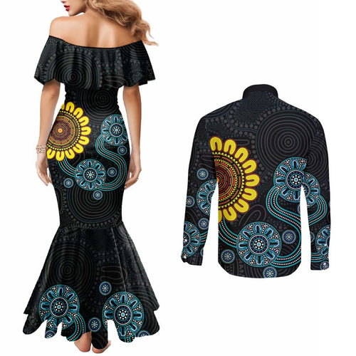 NAIDOC 50 Years of Deadly Couples Matching Mermaid Dress and Long Sleeve Button Shirt Sun Aboriginal Dot Art