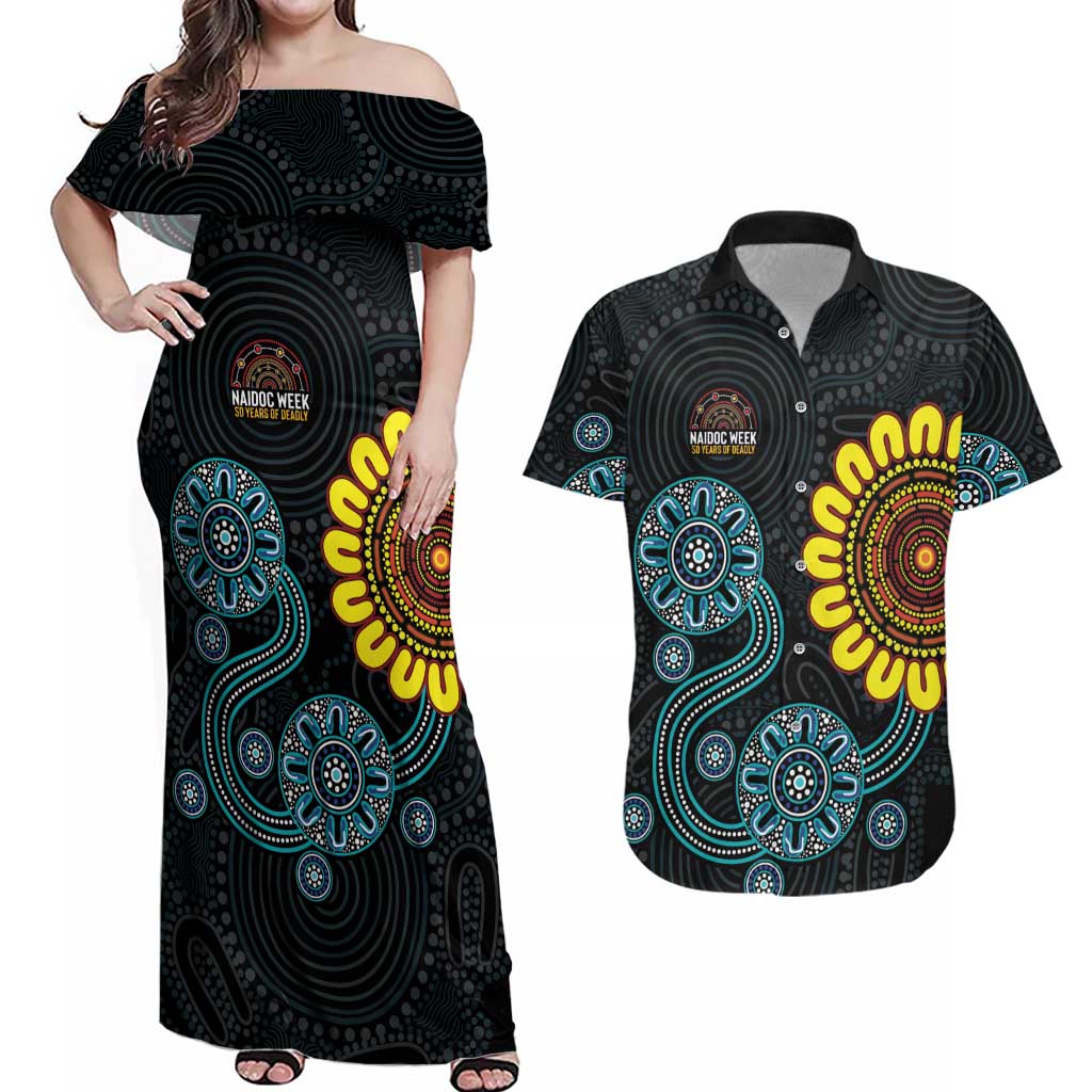 NAIDOC 50 Years of Deadly Couples Matching Off Shoulder Maxi Dress and Hawaiian Shirt Sun Aboriginal Dot Art