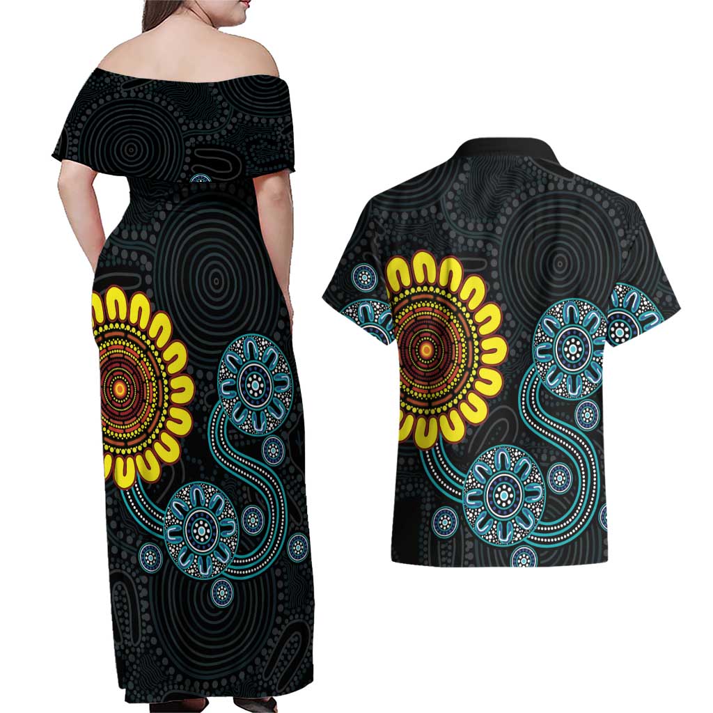 NAIDOC 50 Years of Deadly Couples Matching Off Shoulder Maxi Dress and Hawaiian Shirt Sun Aboriginal Dot Art