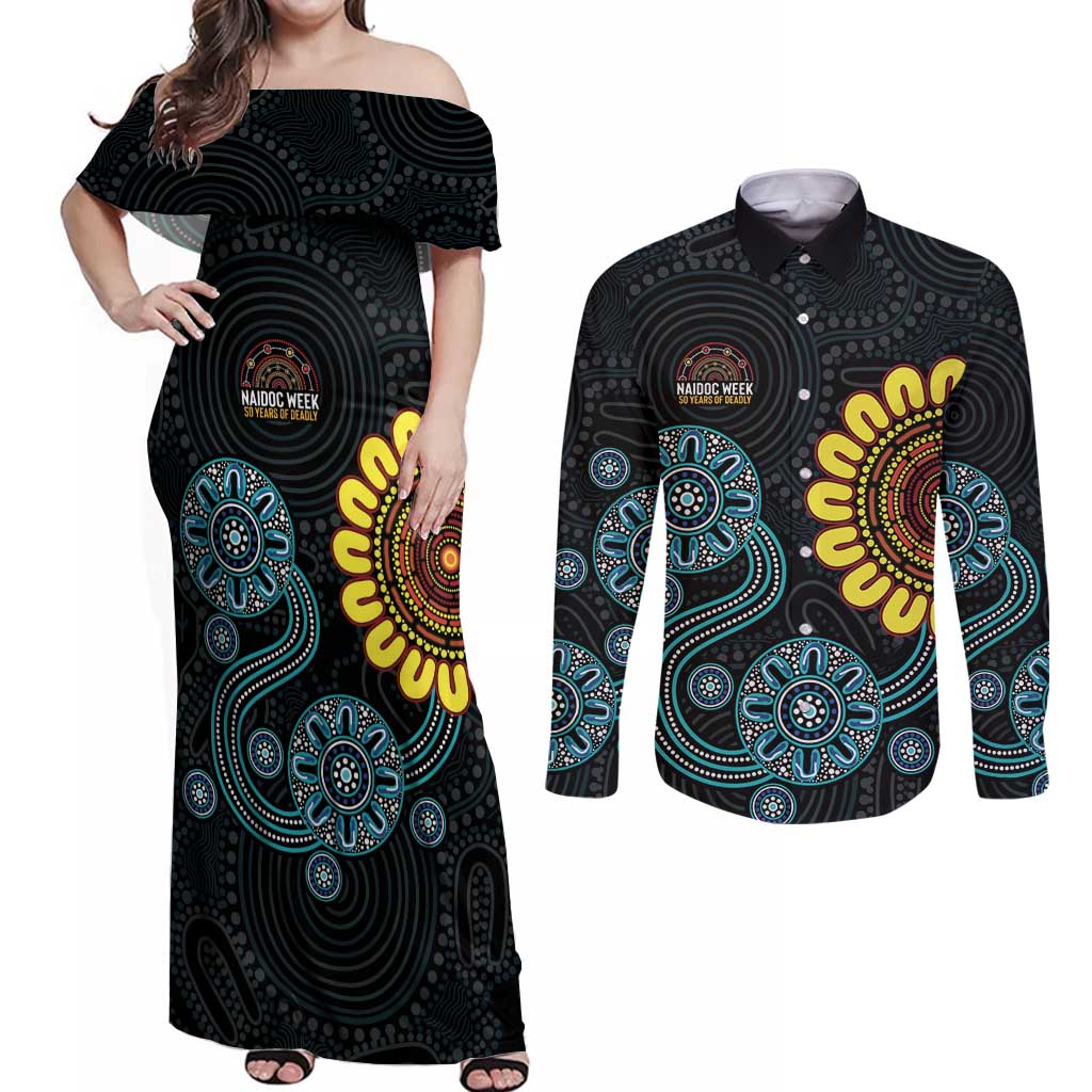 NAIDOC 50 Years of Deadly Couples Matching Off Shoulder Maxi Dress and Long Sleeve Button Shirt Sun Aboriginal Dot Art