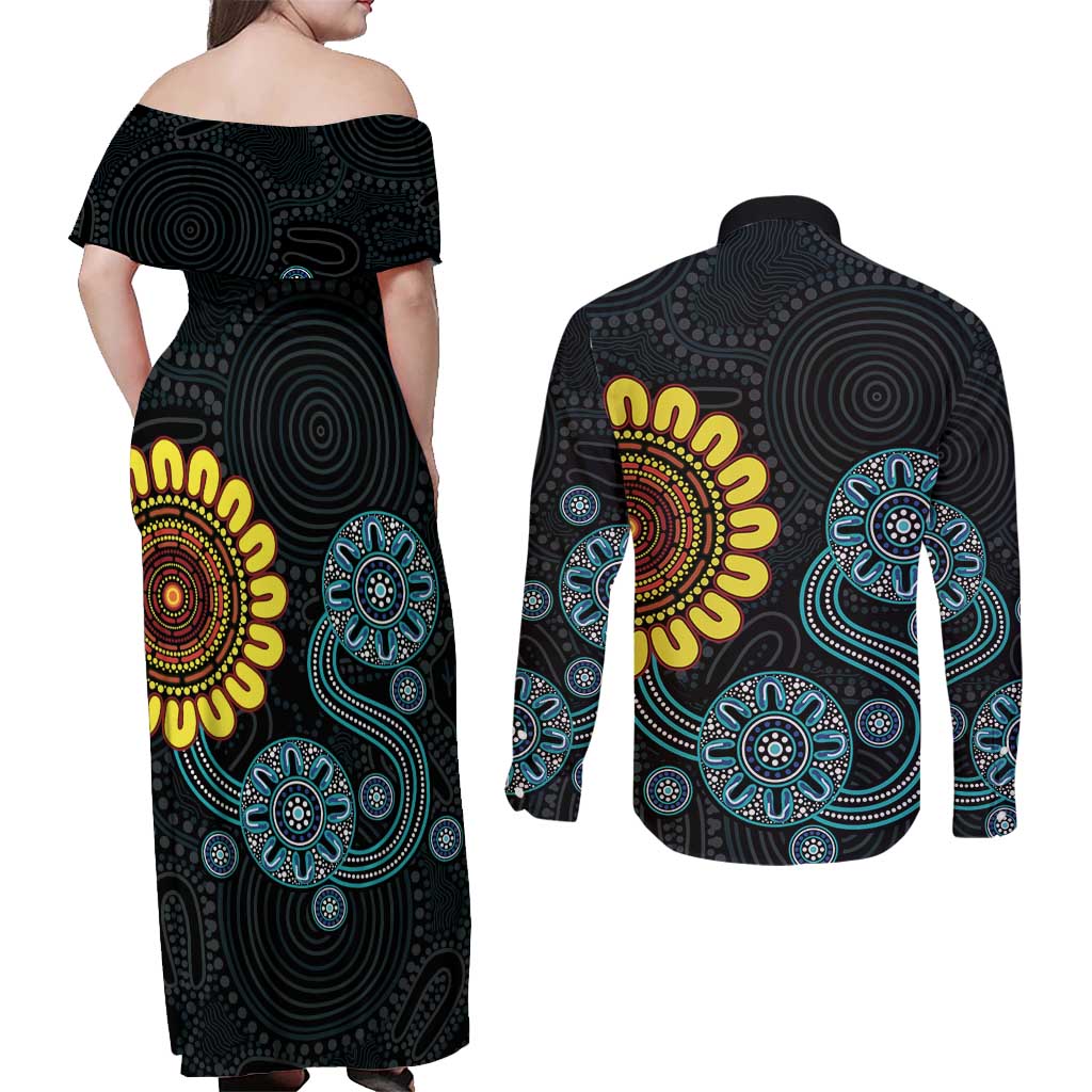 NAIDOC 50 Years of Deadly Couples Matching Off Shoulder Maxi Dress and Long Sleeve Button Shirt Sun Aboriginal Dot Art