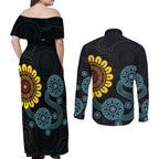 NAIDOC 50 Years of Deadly Couples Matching Off Shoulder Maxi Dress and Long Sleeve Button Shirt Sun Aboriginal Dot Art