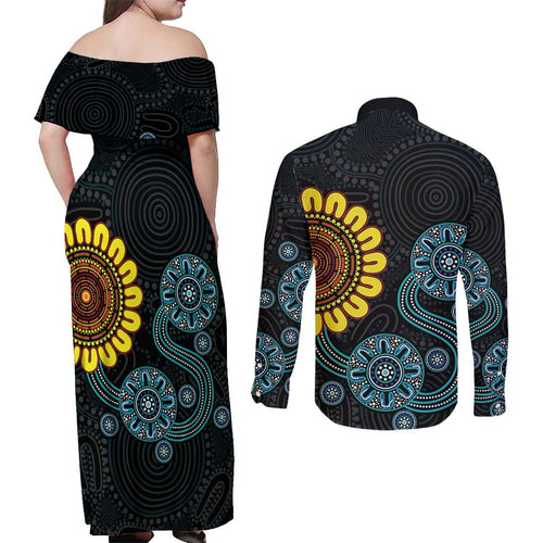 NAIDOC 50 Years of Deadly Couples Matching Off Shoulder Maxi Dress and Long Sleeve Button Shirt Sun Aboriginal Dot Art