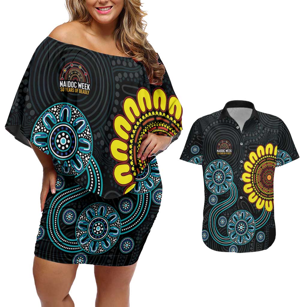 NAIDOC 50 Years of Deadly Couples Matching Off Shoulder Short Dress and Hawaiian Shirt Sun Aboriginal Dot Art