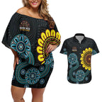NAIDOC 50 Years of Deadly Couples Matching Off Shoulder Short Dress and Hawaiian Shirt Sun Aboriginal Dot Art