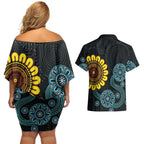 NAIDOC 50 Years of Deadly Couples Matching Off Shoulder Short Dress and Hawaiian Shirt Sun Aboriginal Dot Art
