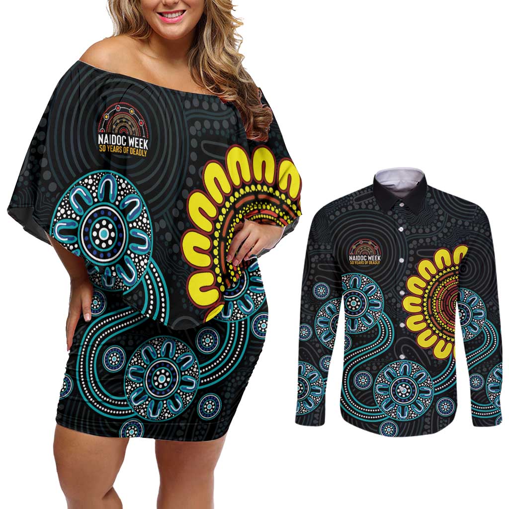 NAIDOC 50 Years of Deadly Couples Matching Off Shoulder Short Dress and Long Sleeve Button Shirt Sun Aboriginal Dot Art