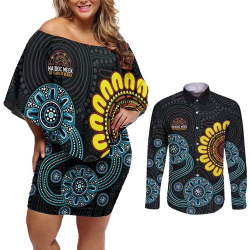 NAIDOC 50 Years of Deadly Couples Matching Off Shoulder Short Dress and Long Sleeve Button Shirt Sun Aboriginal Dot Art