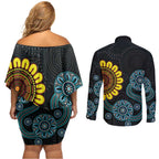 NAIDOC 50 Years of Deadly Couples Matching Off Shoulder Short Dress and Long Sleeve Button Shirt Sun Aboriginal Dot Art