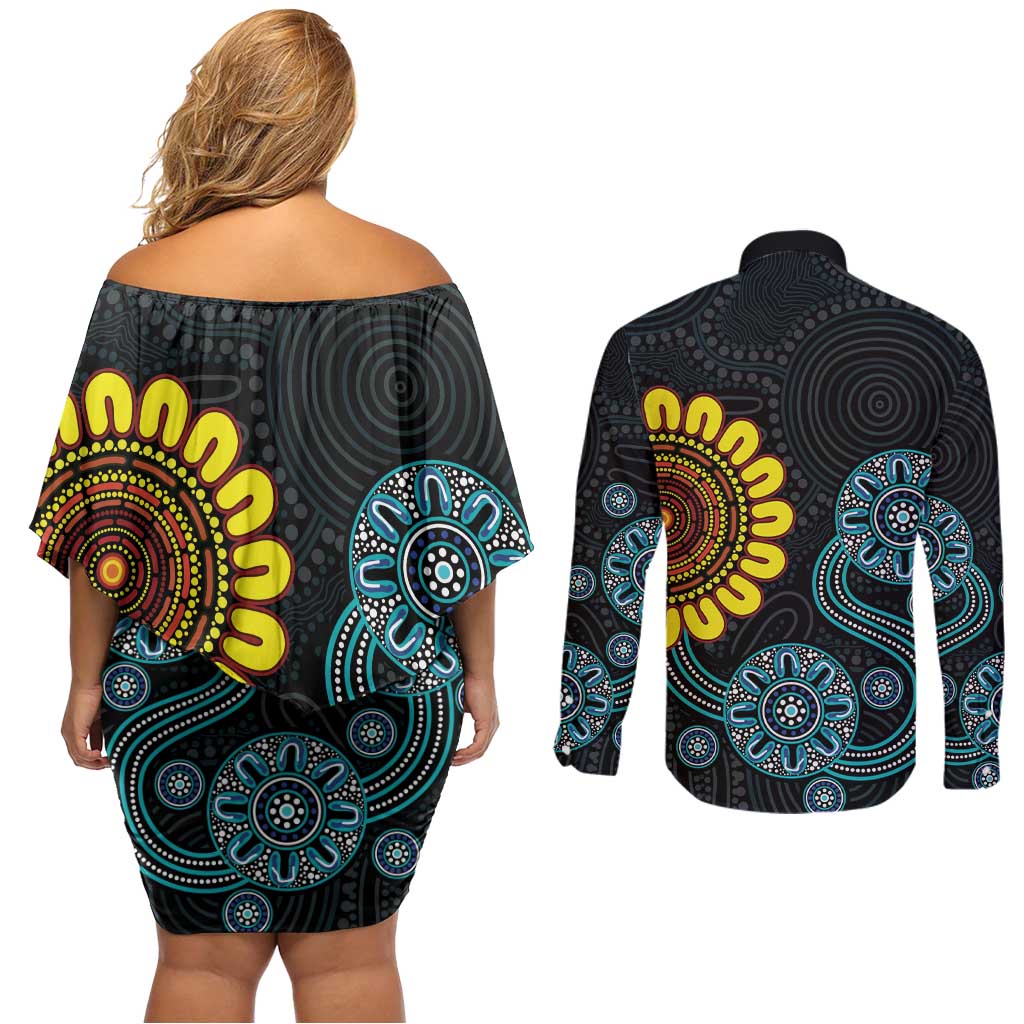 NAIDOC 50 Years of Deadly Couples Matching Off Shoulder Short Dress and Long Sleeve Button Shirt Sun Aboriginal Dot Art