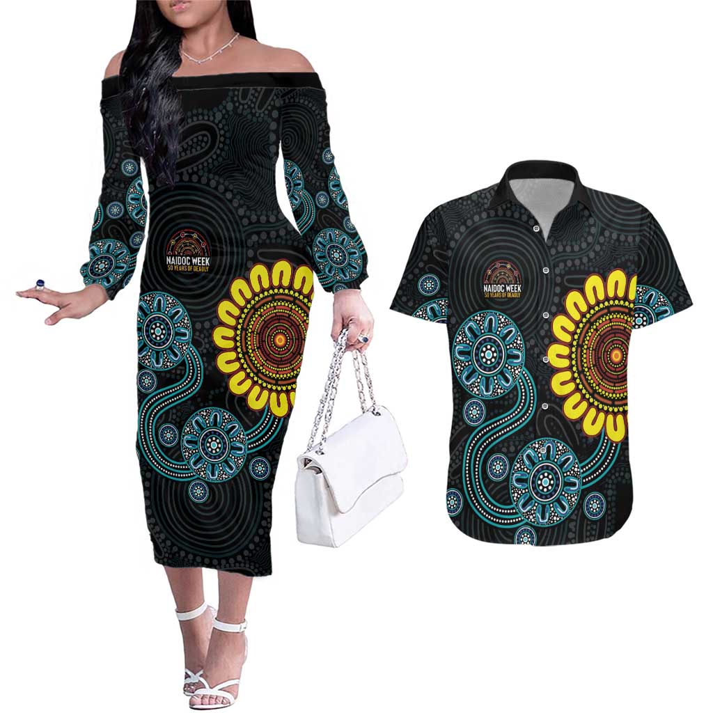 NAIDOC 50 Years of Deadly Couples Matching Off The Shoulder Long Sleeve Dress and Hawaiian Shirt Sun Aboriginal Dot Art