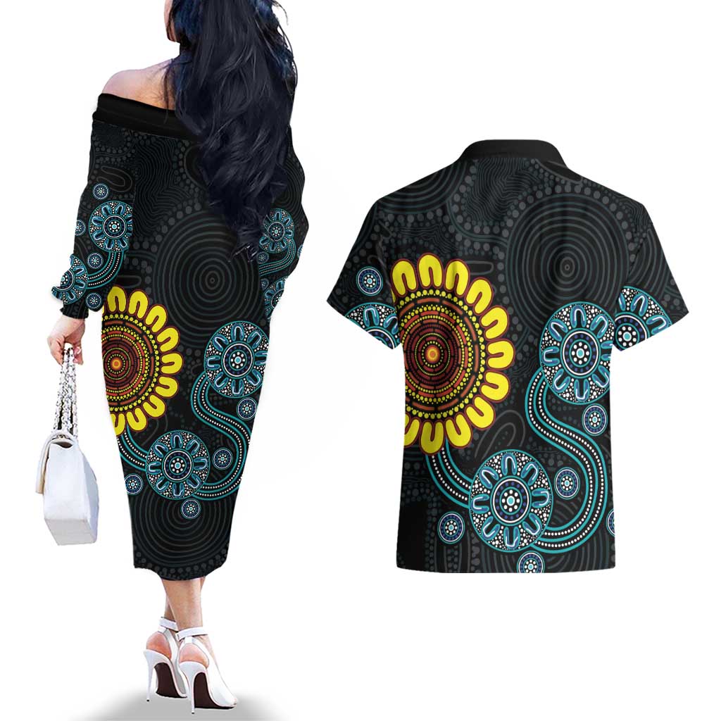 NAIDOC 50 Years of Deadly Couples Matching Off The Shoulder Long Sleeve Dress and Hawaiian Shirt Sun Aboriginal Dot Art