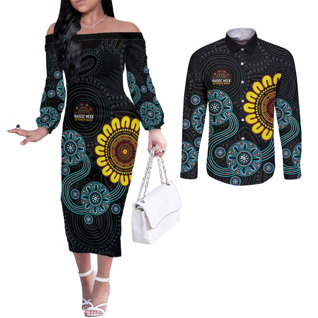 NAIDOC 50 Years of Deadly Couples Matching Off The Shoulder Long Sleeve Dress and Long Sleeve Button Shirt Sun Aboriginal Dot Art