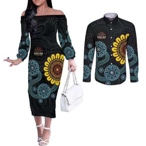 NAIDOC 50 Years of Deadly Couples Matching Off The Shoulder Long Sleeve Dress and Long Sleeve Button Shirt Sun Aboriginal Dot Art