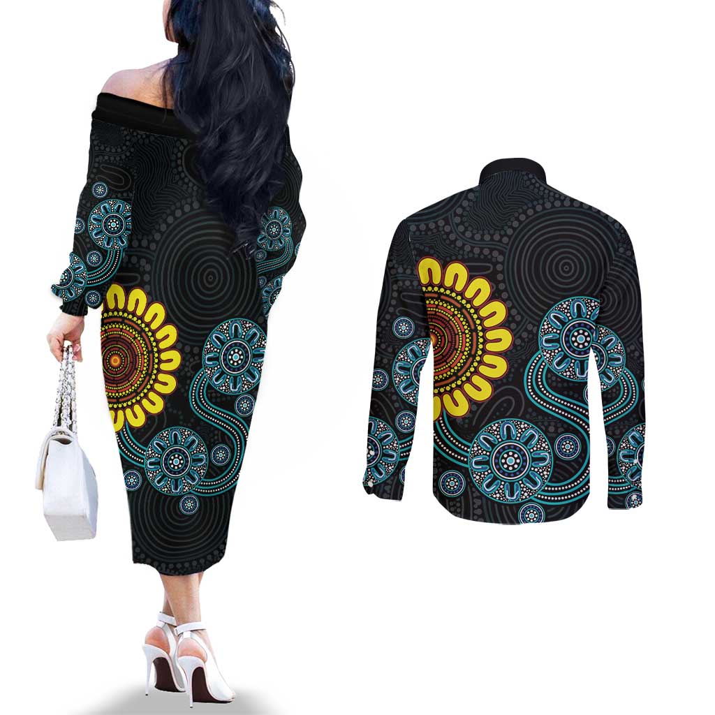NAIDOC 50 Years of Deadly Couples Matching Off The Shoulder Long Sleeve Dress and Long Sleeve Button Shirt Sun Aboriginal Dot Art