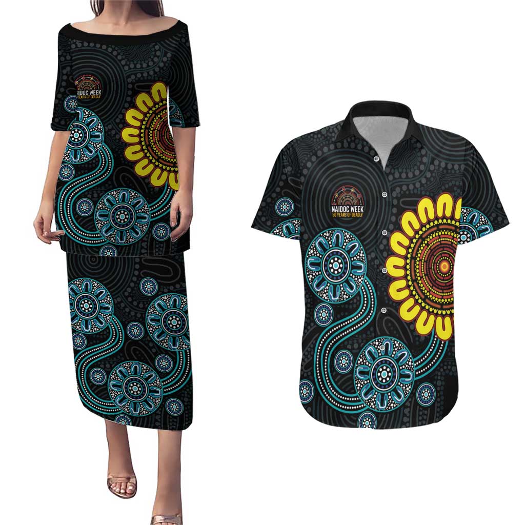 NAIDOC 50 Years of Deadly Couples Matching Puletasi and Hawaiian Shirt Sun Aboriginal Dot Art