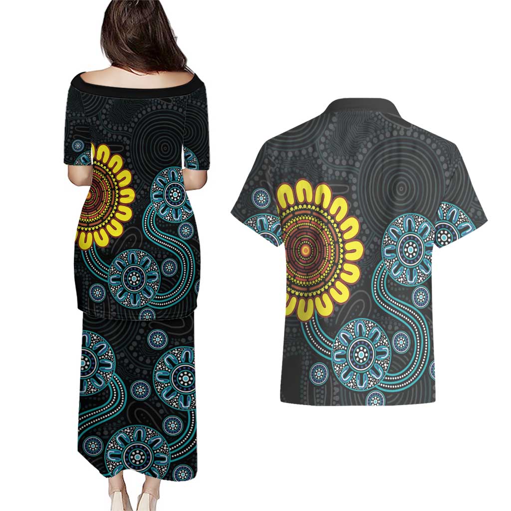 NAIDOC 50 Years of Deadly Couples Matching Puletasi and Hawaiian Shirt Sun Aboriginal Dot Art