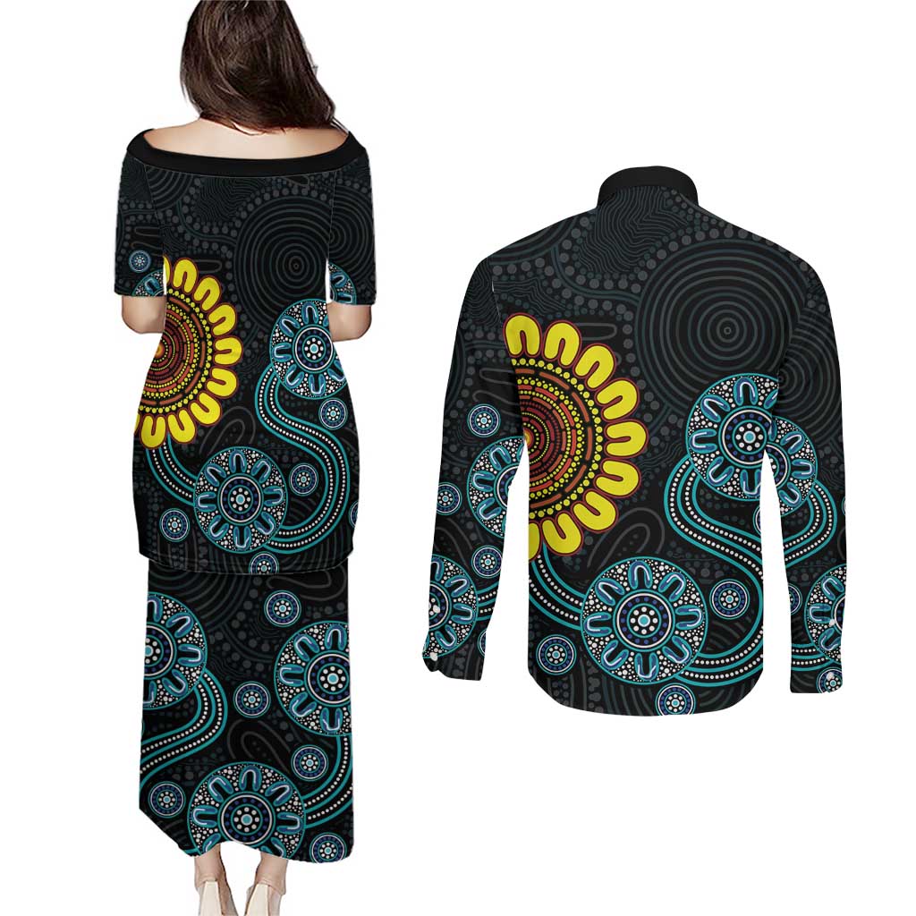 NAIDOC 50 Years of Deadly Couples Matching Puletasi and Long Sleeve Button Shirt Sun Aboriginal Dot Art