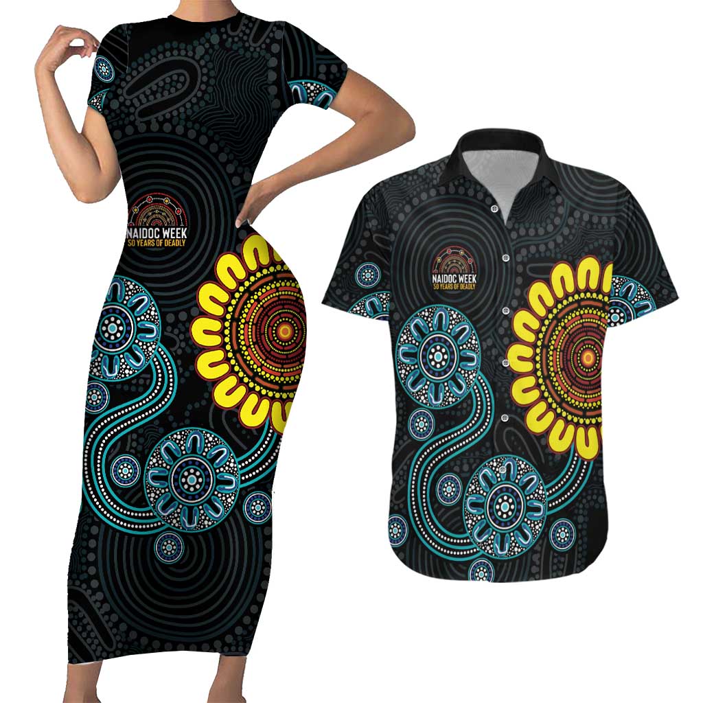 NAIDOC 50 Years of Deadly Couples Matching Short Sleeve Bodycon Dress and Hawaiian Shirt Sun Aboriginal Dot Art