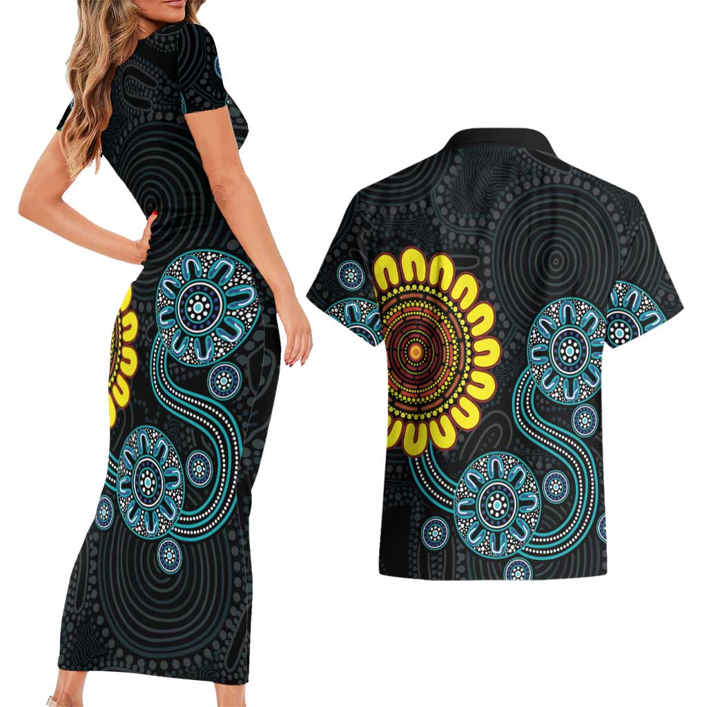 NAIDOC 50 Years of Deadly Couples Matching Short Sleeve Bodycon Dress and Hawaiian Shirt Sun Aboriginal Dot Art