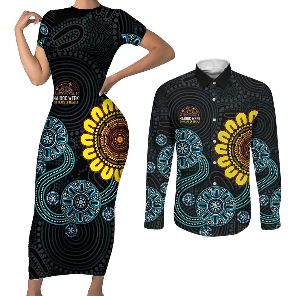 NAIDOC 50 Years of Deadly Couples Matching Short Sleeve Bodycon Dress and Long Sleeve Button Shirt Sun Aboriginal Dot Art