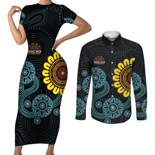 NAIDOC 50 Years of Deadly Couples Matching Short Sleeve Bodycon Dress and Long Sleeve Button Shirt Sun Aboriginal Dot Art