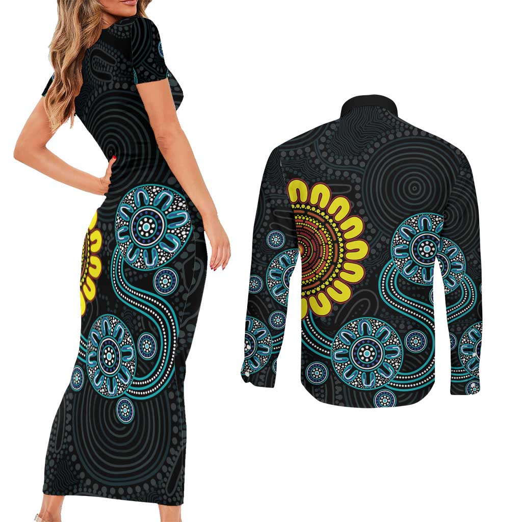 NAIDOC 50 Years of Deadly Couples Matching Short Sleeve Bodycon Dress and Long Sleeve Button Shirt Sun Aboriginal Dot Art