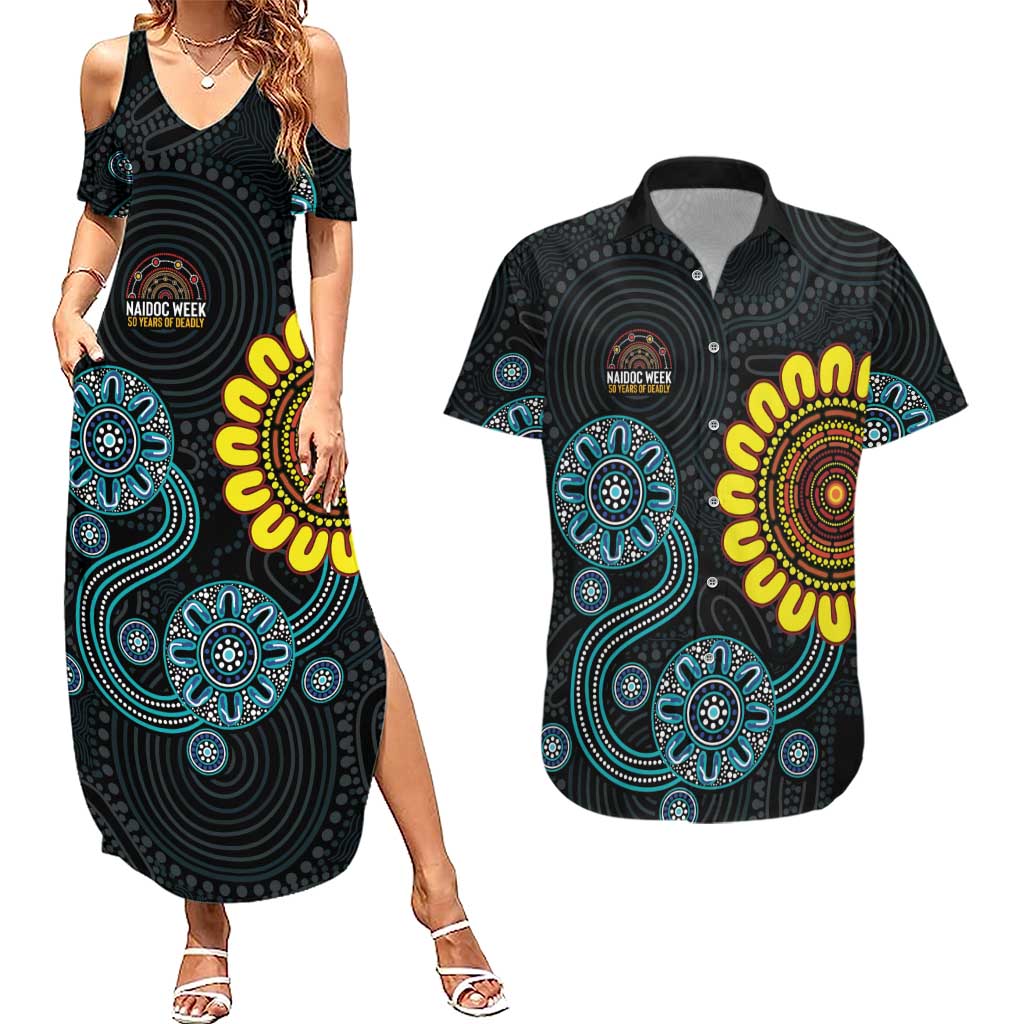 NAIDOC 50 Years of Deadly Couples Matching Summer Maxi Dress and Hawaiian Shirt Sun Aboriginal Dot Art