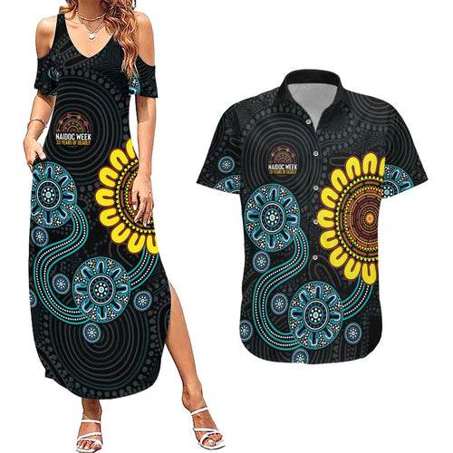 NAIDOC 50 Years of Deadly Couples Matching Summer Maxi Dress and Hawaiian Shirt Sun Aboriginal Dot Art