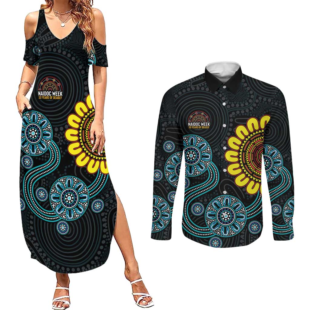 NAIDOC 50 Years of Deadly Couples Matching Summer Maxi Dress and Long Sleeve Button Shirt Sun Aboriginal Dot Art