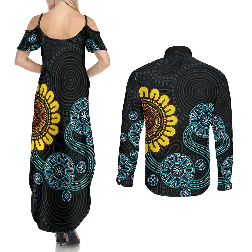 NAIDOC 50 Years of Deadly Couples Matching Summer Maxi Dress and Long Sleeve Button Shirt Sun Aboriginal Dot Art