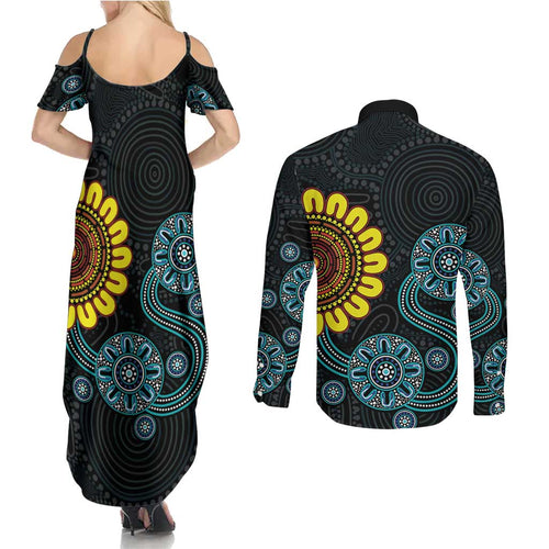 NAIDOC 50 Years of Deadly Couples Matching Summer Maxi Dress and Long Sleeve Button Shirt Sun Aboriginal Dot Art