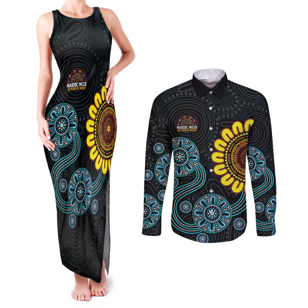 NAIDOC 50 Years of Deadly Couples Matching Tank Maxi Dress and Long Sleeve Button Shirt Sun Aboriginal Dot Art