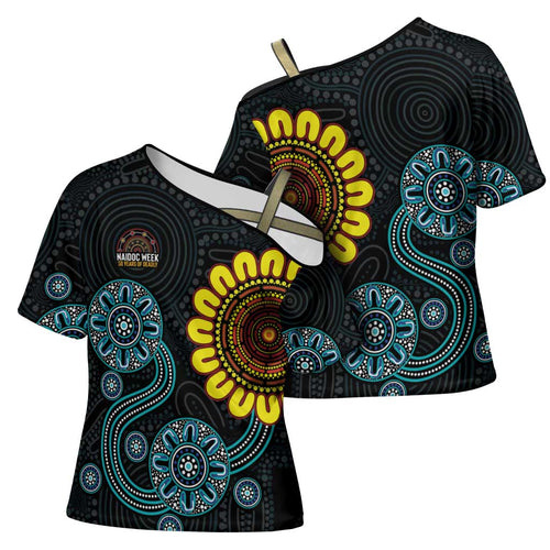 NAIDOC 50 Years of Deadly Cross Shoulder Shirt Sun Aboriginal Dot Art
