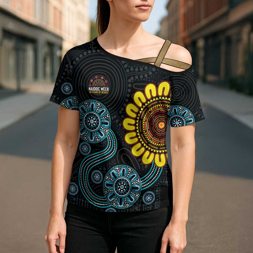 NAIDOC 50 Years of Deadly Cross Shoulder Shirt Sun Aboriginal Dot Art