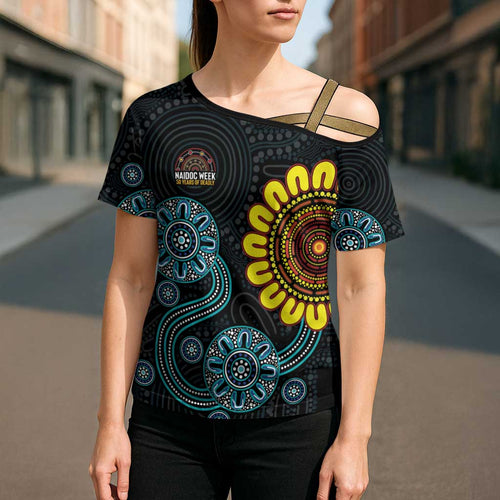 NAIDOC 50 Years of Deadly Cross Shoulder Shirt Sun Aboriginal Dot Art