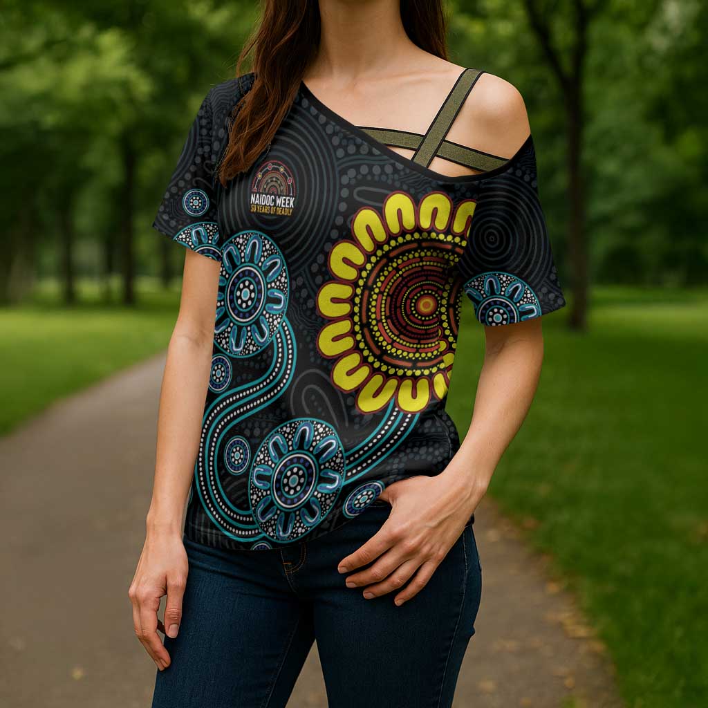 NAIDOC 50 Years of Deadly Cross Shoulder Shirt Sun Aboriginal Dot Art